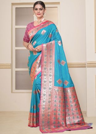 Blue Zari Woven Saree In Art Silk