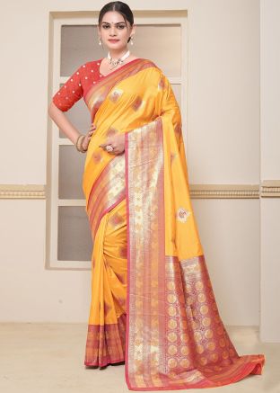 Yellow Zari Woven Saree In Art Silk