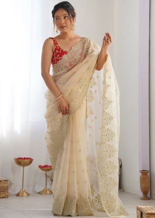 Cream Embroidered Saree In Organza