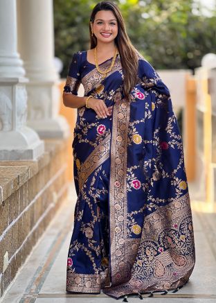 Navy Blue Art Silk Saree In Woven Work