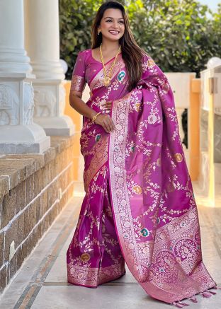 Dual Tone Magenta Saree In Woven Work