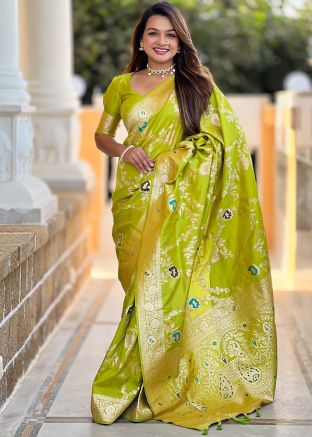 Parrot Green Saree In Woven Work