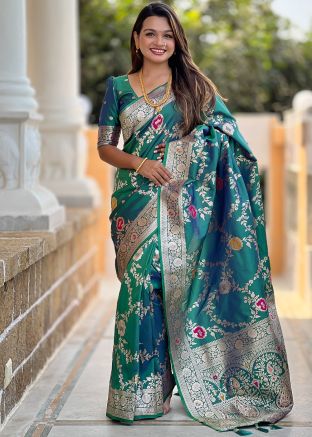 Dual Tone Teal Green Woven Saree
