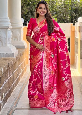 Dark Pink Zari Woven Saree
