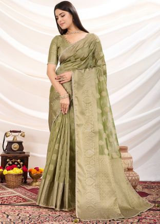 Green Tissue Silk Saree In Woven Work