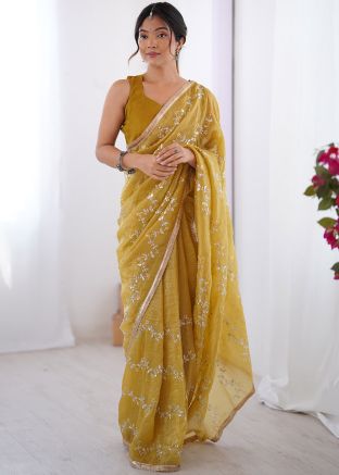 Yellow Embroidered Organza Saree