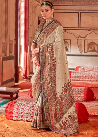 Cream & Black Printed Saree In Art Silk