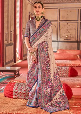 Cream & Blue Printed Art Silk Saree