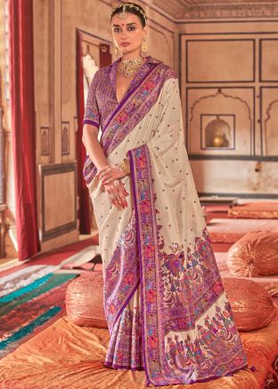 Cream & Purple Art Silk Saree Pink Printed Work