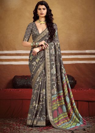 Grey Zari Woven Saree In Art Silk