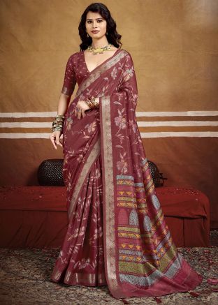 Brown Zari Woven Saree In Art Silk