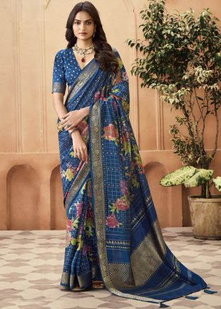 Blue Woven Saree With Blouse