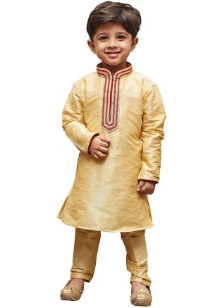 Golden Readymade Dupion Silk Kids Kurta Churidar Set