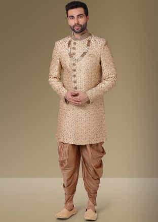 Readymade Beige Embroidered Sherwani With Dhoti