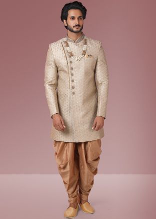 Grey Readymade Embroidered Silk Dhoti With Sherwani