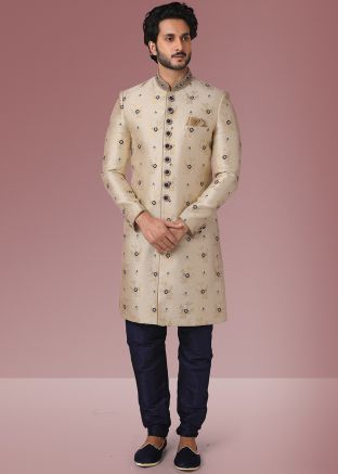 Beige Woven Readymade Indo Western Sherwani