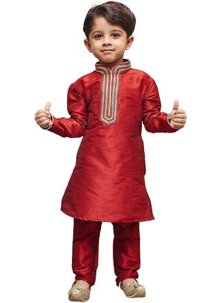 Red Dupion Silk Straight Cut Kids Kurta Churidar Set