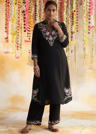Black Embroidered Kurta In Georgette