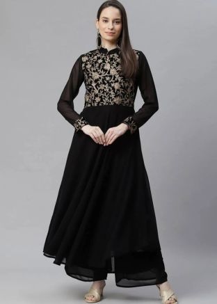 Black Readymade Flared Kurti In Georgette