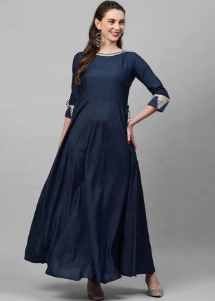 Navy Blue Readymade Kurta In Rayon