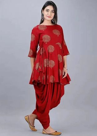 Red Printed Peplum Long Kurti