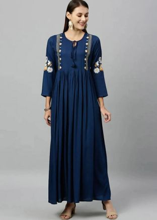 Navy Blue Embroidered Kurti In Rayon