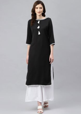 Black Readymade Laced Kurti In Rayon