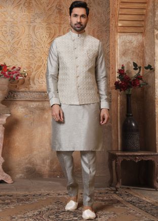Readymade Silver Kurta Pajama Set In Art Silk
