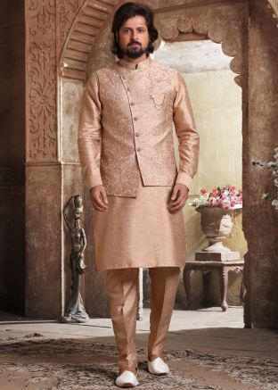 Beige Readymade Kurta Pajama With Embroidered Jacket
