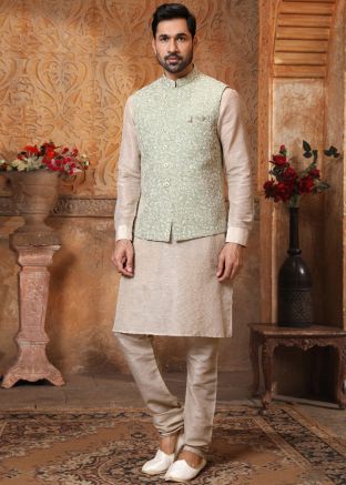 Beige Mens Readymade Kurta Pajama Set