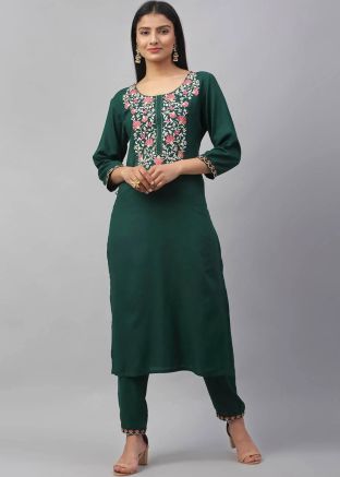 Green Embroidered Kurti In Rayon