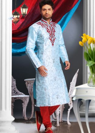 Readymade Blue Art Silk Kurta Pyjama