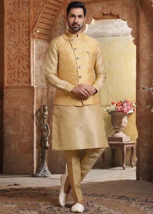 Silk Readymade Golden Kurta Pajama And Jacket
