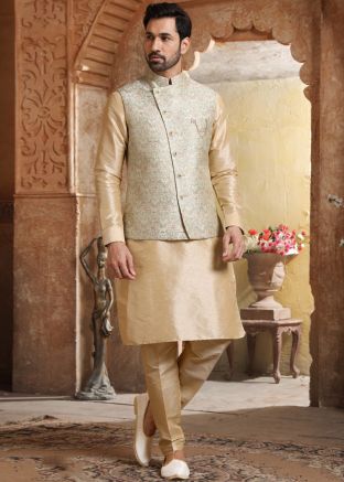 Golden Silk Readymade Kurta Pajama And Jacket