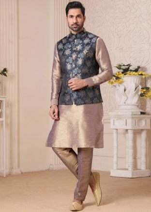 Grey Readymade Kurta Pajama With Woven Jacket