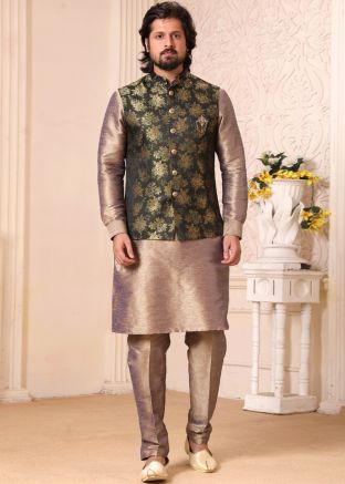 Grey Readymade Kurta Pajama Set In Silk
