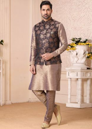 Readymade Grey Kurta Pajama Set In Silk
