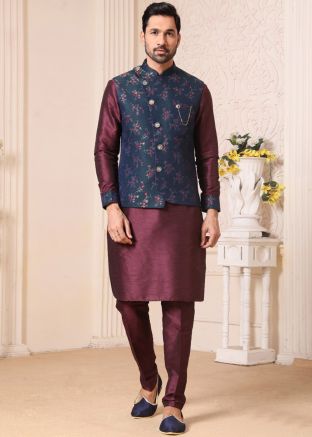 Maroon Readymade Silk Kurta Pajama With Jacket