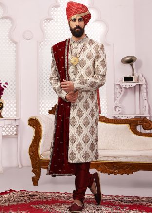 White Embroidered Readymade Groom Sherwani
