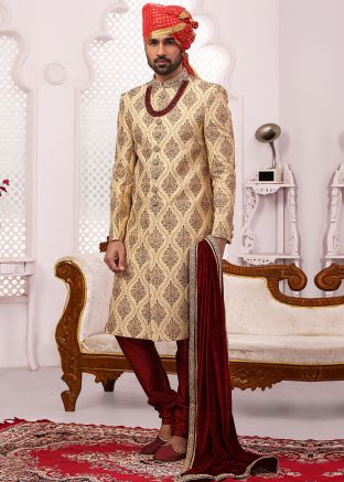 Cream Embroidered Art Silk Readymade Sherwani