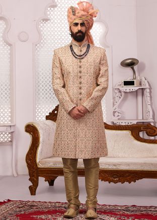 Peach Embroidered Readymade Groom Sherwani