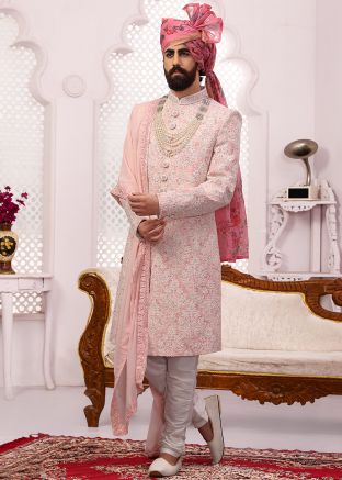 Pink Readymade Chikankari Sherwani In Georgette