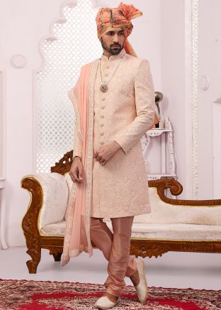 Peach Readymade Chikankari Sherwani In Georgette
