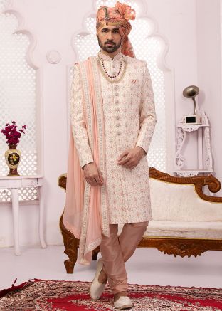 Off White Chikankari Readymade Mens Sherwani