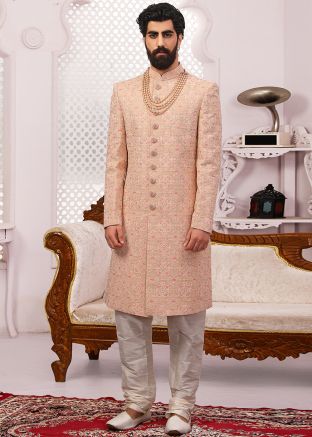 Readymade Peach Chikankari Sherwani In Georgette