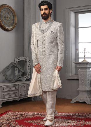 Grey Chikankari Embroidered Readymade Sherwani