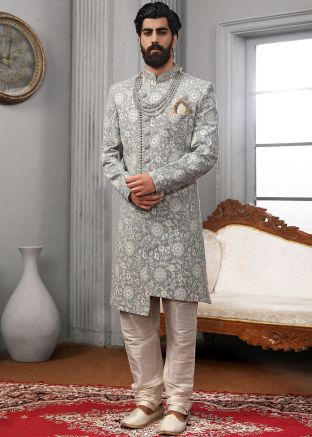 Grey Asymmetric Chikankari Mens Readymade Sherwani
