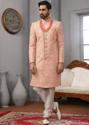 Peach Mens Chikankari Readymade Sherwani