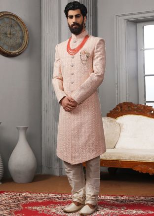 Pink Mens Chikankari Readymade Sherwani