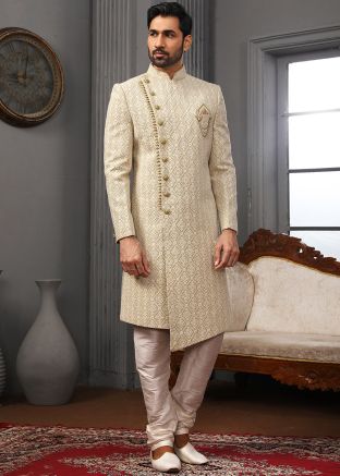 Green Mens Chikankari Readymade Sherwani